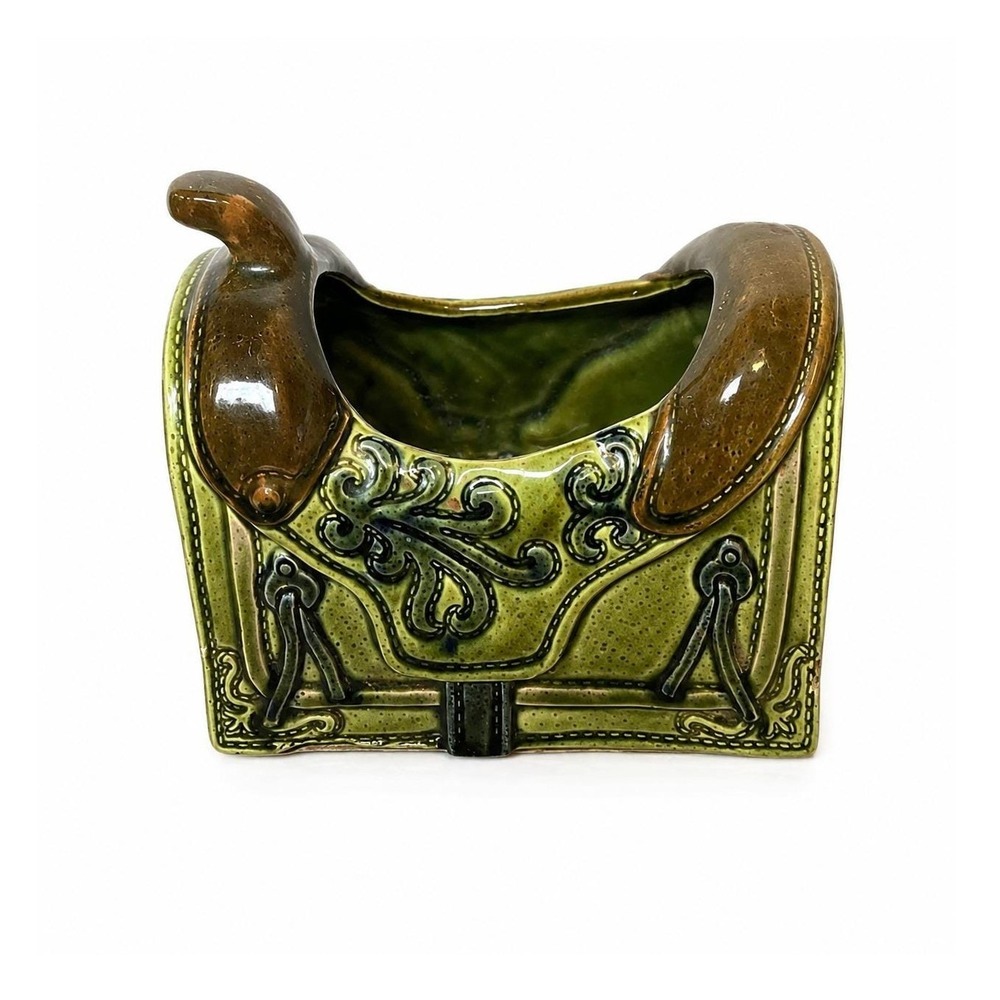 Vintage RELPO 6699 Green Ceramic Western Saddle Planter Horse Equestrian Decor